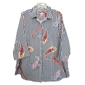 Chico's No Iron Striped Paisley Cotton 3/4 Sleeve Button-Up Tunic Size 3.5 (18)